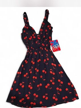 BNWT Lucy Love Dark Navy Blue Babydoll Sundress with Red Cherry Print